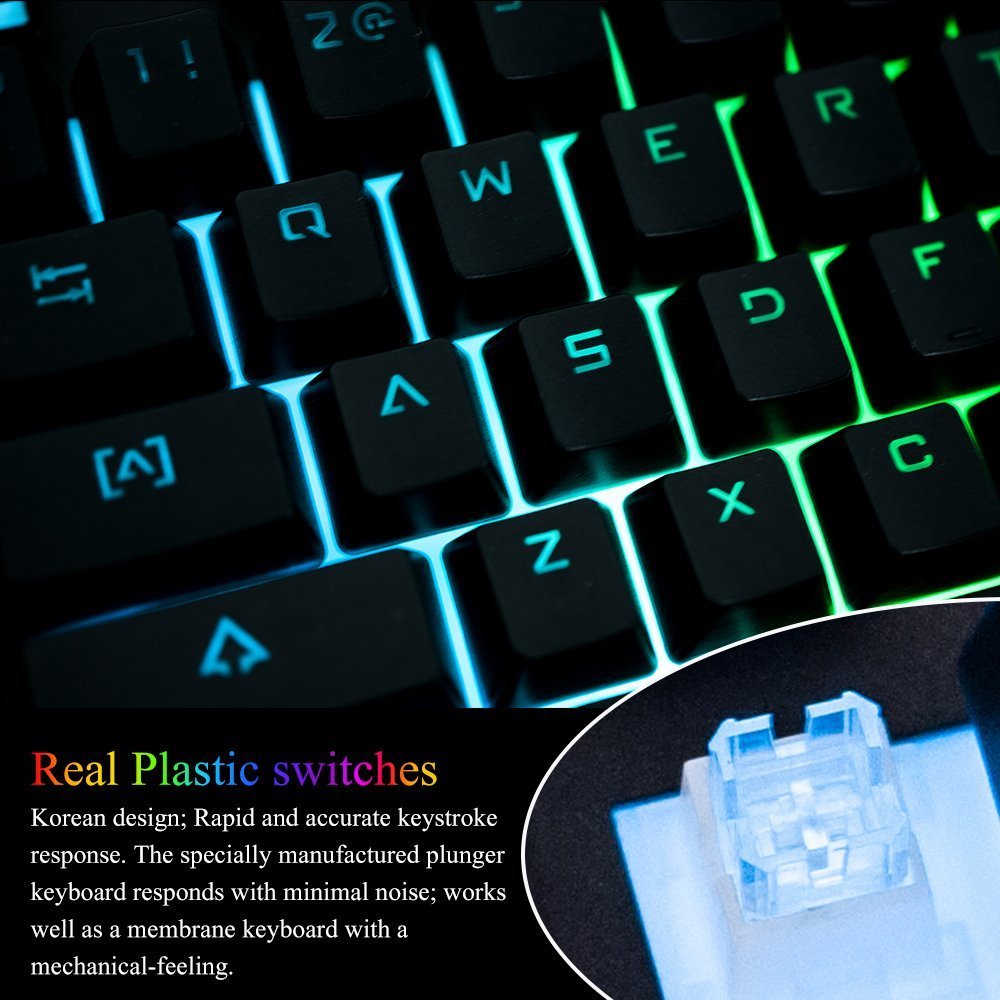 Wired Gaming Keyboard,Horsky USB Backlit LED Rainbow Light Illuminated Professional Membrane Mechanical Feeling Keyboard for PC and Mac Gamer with 104 Keys OEM Keycaps Waterproof Black