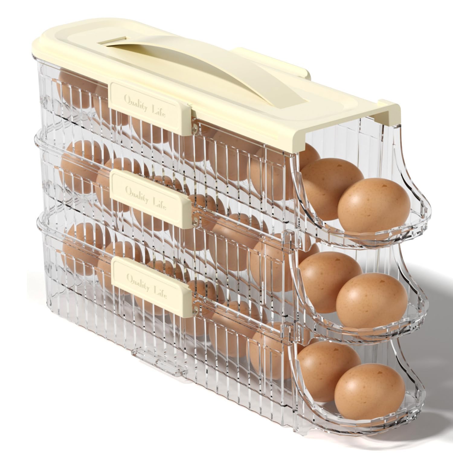 Photo 1 of SYXLTSH Egg Holder for Fridge Automatic Rolling, Egg Storager Container Organizer Dispenser for Refrigerator Stackable Removable Inner Tray, Egg Accessories (Clear, 1 Row-3 Tiers)