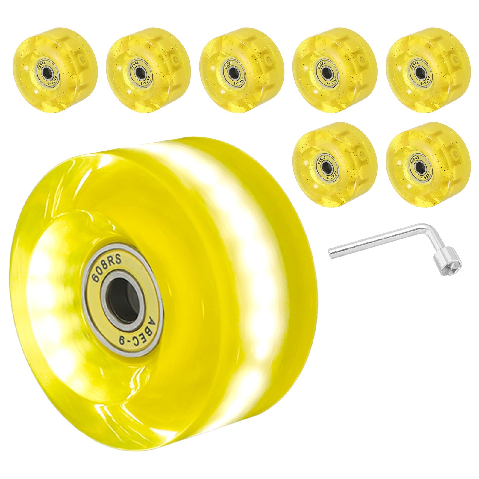 PATIKIL Roller Skate Wheels Set,8 Pack 58mm 82A Light Up Skateboard Cruiser Wheels Set with Bearings Trucks Tool Kit for Outdoor Double Row Skating, Yellow