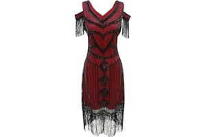 Women Cold Shoulder Vintage Party Dress Glitter Fringed Gatsby Dresses 1920s Retro Cocktail Party Dance Costume