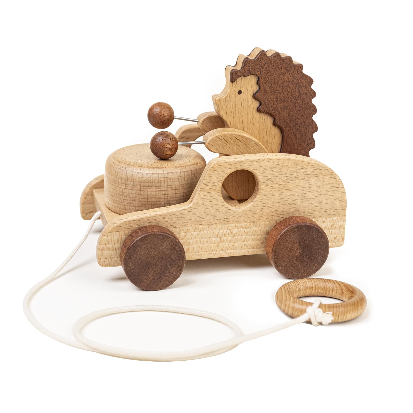 Photo 1 of DadCarved Hedgehog Pull-Along Toy | Musical Wooden Pull Toy with Wooden Grip Ring | Natural Drumming Sound for Toddlers 1.5+ Years