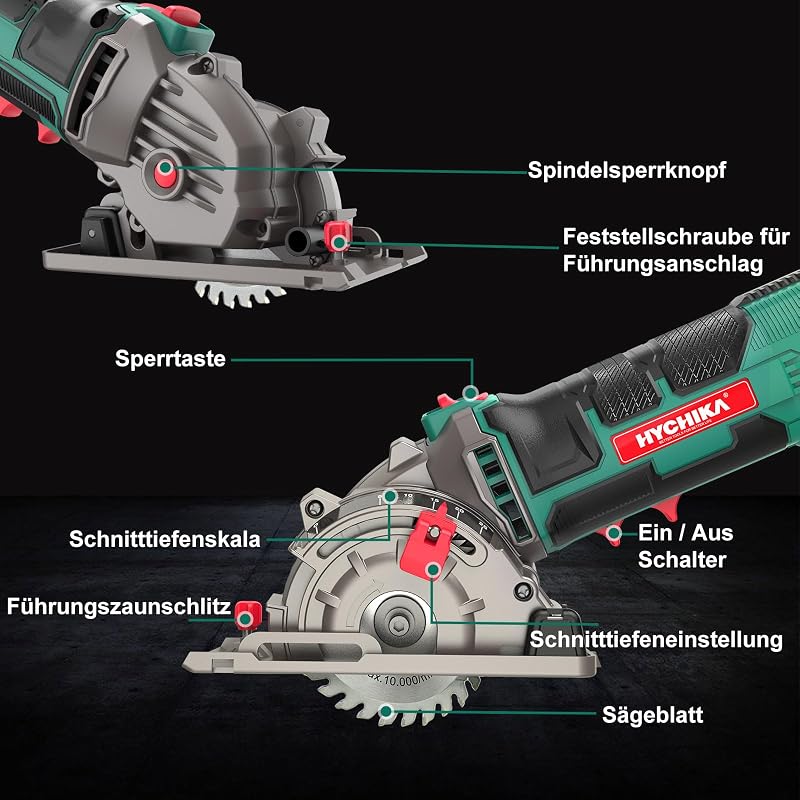 HYCHIKA Mini Kreissäge, Handkreissäge mit 3 Sägeblättern, Skalenlineal, 500W Motor aus reinem Kupfer, 4500RPM, Ideal für Holz-, Weichmetall-, Fliesen- und Kunststoffschnitte