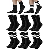 Cooraby 6 Pairs Unisex Kids Crew Socks Boys Girls Athletic Socks with Retro Stripes Soft Cotton Socks Black White Grey
