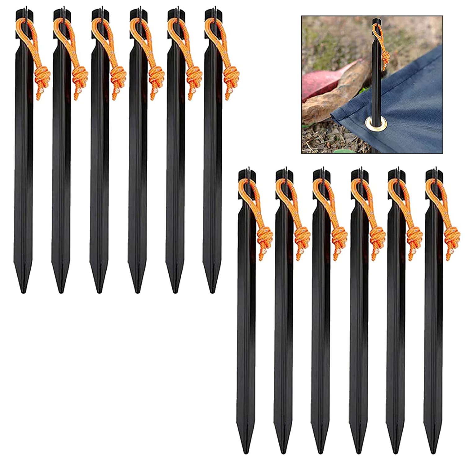 Jzhen 12 PCS Tent Stakes, Aluminum Stakes Pegs with Carrying Bag, Camping Pegs for Camping Outdoor Beach Garden Hiking Black