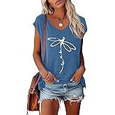 BLACKOO Women's V-Neck Dragonfly T-Shirt Cap Sleeve Tees