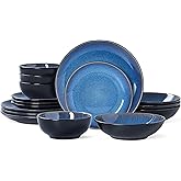 Plates and Bowls Sets for 4 - CJDC-QUELO 16-Piece Stoneware Dinnerware Sets, Ceramic Dishware Set for Kitchen Use and Formal Dining, Chip and Scratch Resistant Microwave Dishwasher Safe, Blue