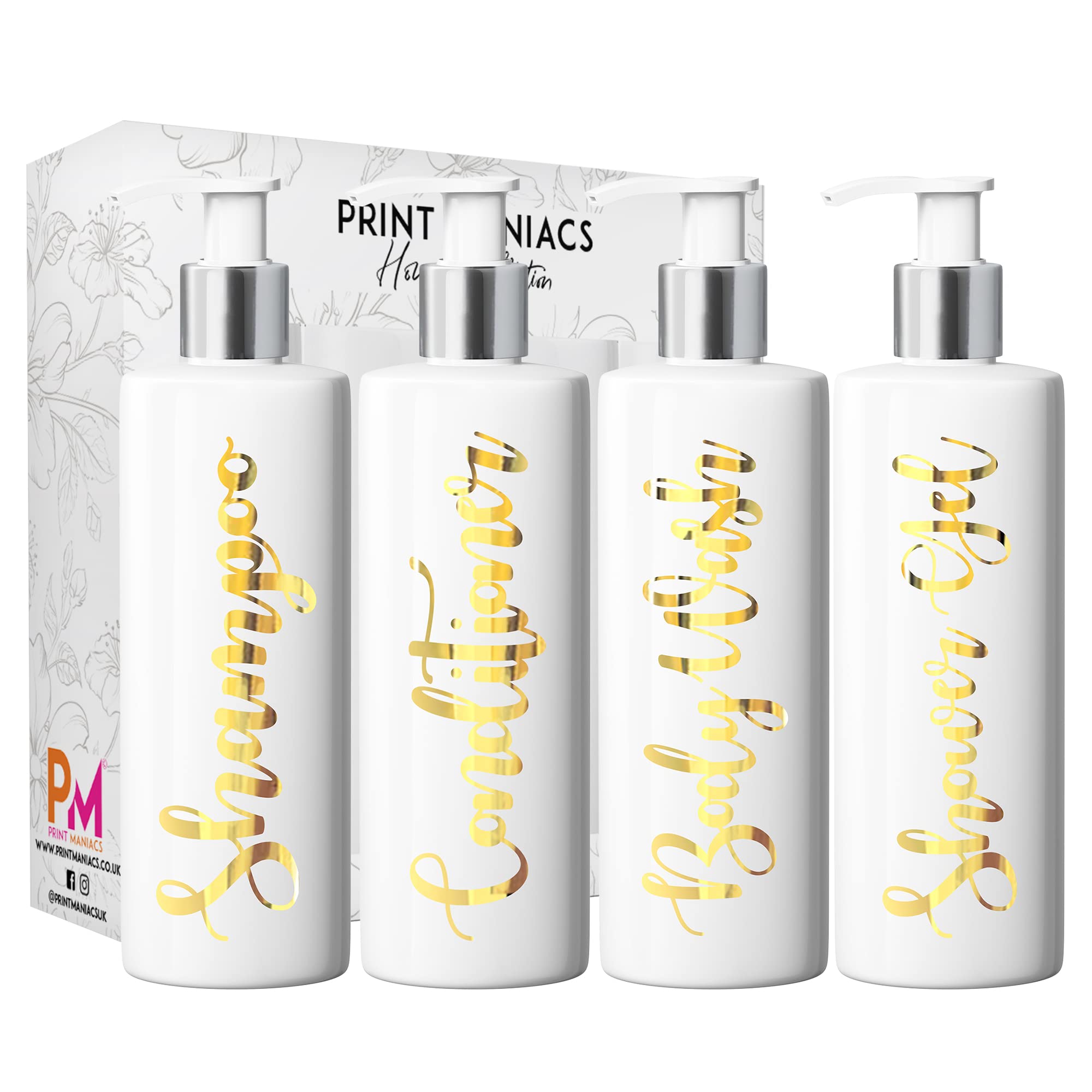 Print Maniacs White Mrs Hinch Inspired Personalised 500ml Pump Bottles Bathroom Lotion Kitchen Set Shampoo Conditioner (Shower Gel Set) (Gold)