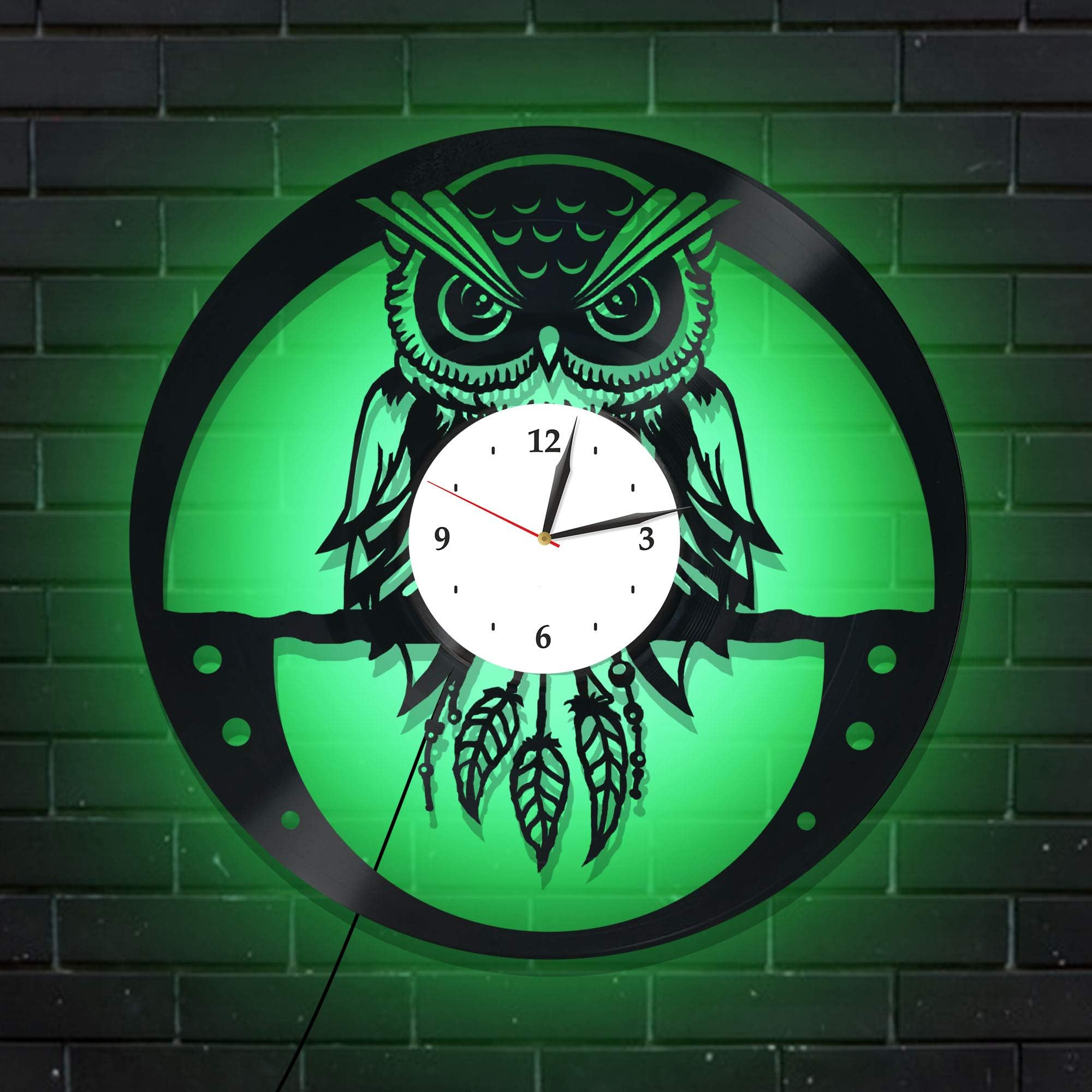 Levescale - Owl Lighted Vinyl Wall Clock - Express Shipping for Kids, boy, Teens, Girl - Decoration for Living Room, Kitchen - Screech owl - Animal Theme Night Gothic (Green)