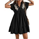 Verdusa Women's Western Cowgirl Summer Dress 2026 Boho Floral Embroidery Short Sleeve V Neck Ruffle Short Dresses