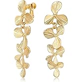 Gold Clip On Earrings for Women, Long Flower Dangle Earrings, Gold Floral Statement Clip On Earring No Piercing Jewelry
