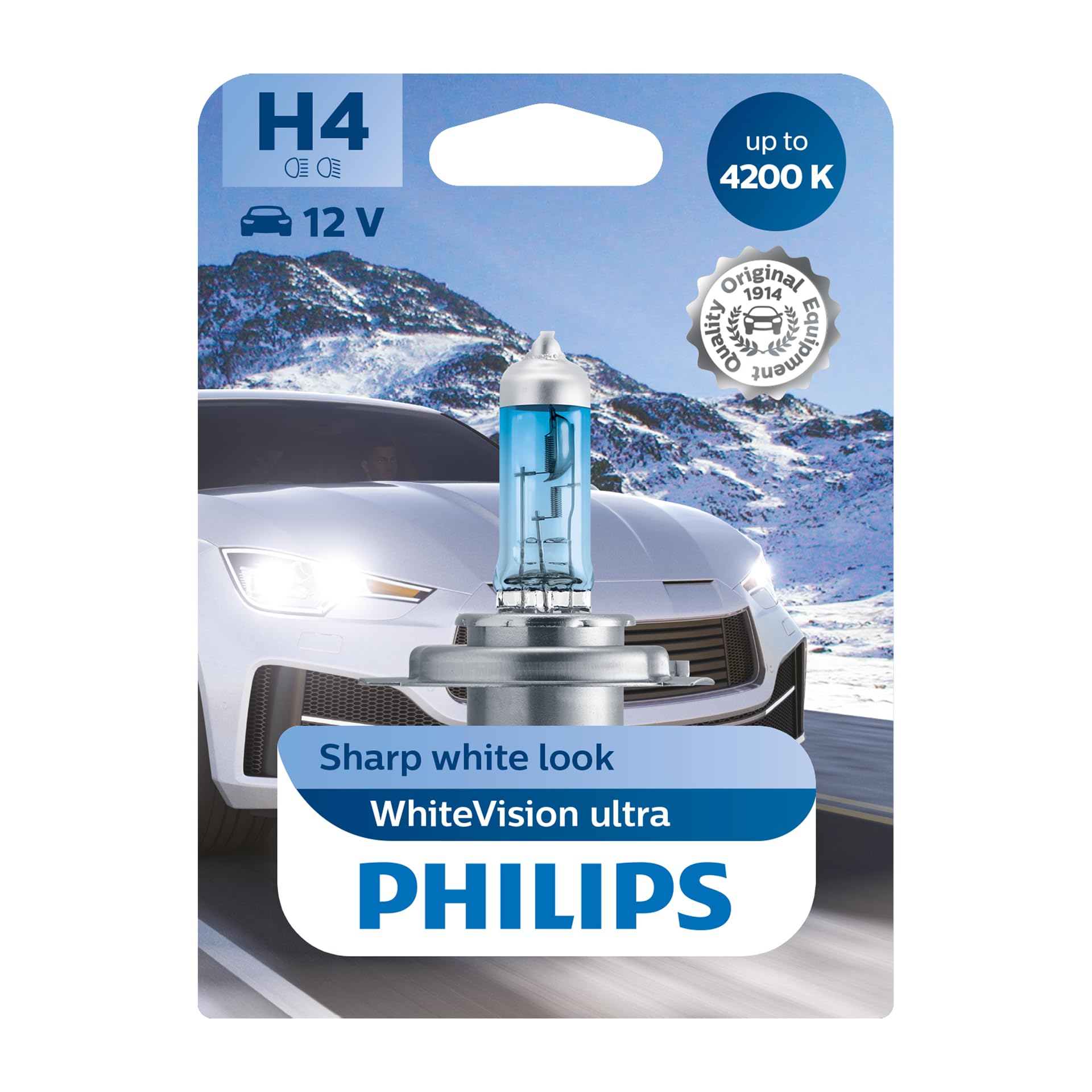 Philips 12342WVUB1 WhiteVision Ultra Xenon Effect H4 Headlight Bulb, 4.200K, Single Blister