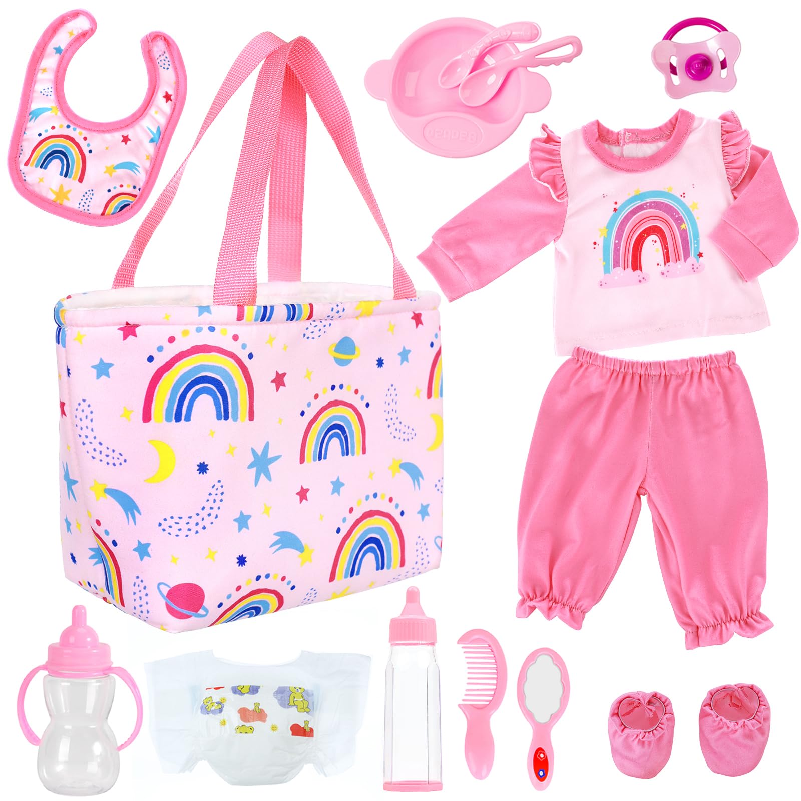 ZITA ELEMENT 13 Pcs Baby Diaper Bag and Baby Doll Clothes for 14-18 Inch Baby Dolls,Baby Doll Feeding and Caring Set Includes Doll Clothes, Diapers, Bottles, Pacifier, ,for Birthday Gift(No Dolls)