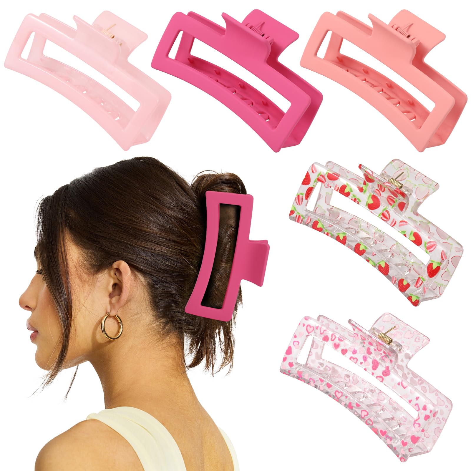 Photo 1 of 5 PCS 5 Inch Extra Large Claw Clips for Women, Acrylic Jumbo Claw clips for Thick Long Curly Hair, Rectangle Matte Hair Claws Clips, Non-slip Square Hair Clips for Women, Hair Accessories(cherry pink)