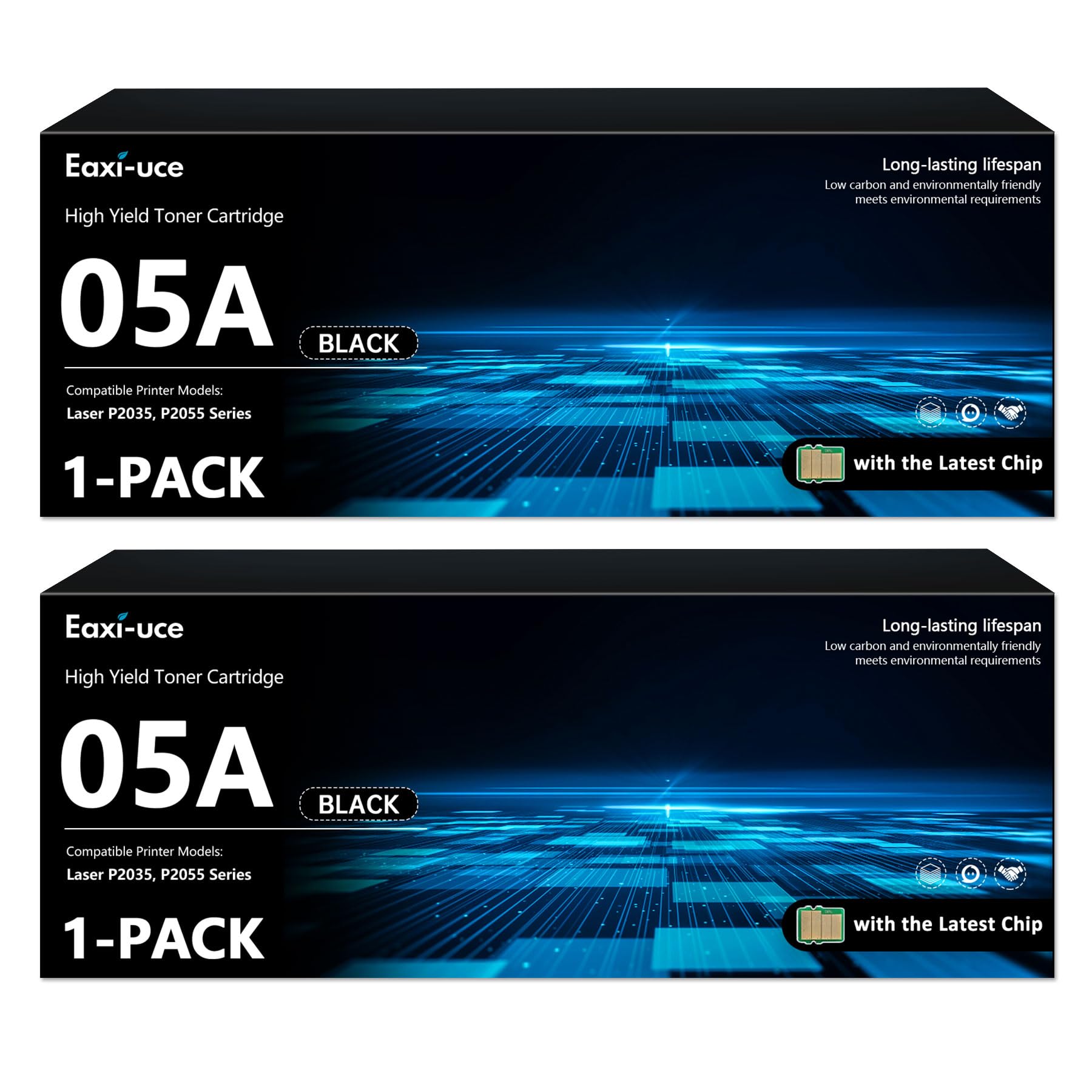 Photo 1 of (with Chip) 05A Black Toner Cartridges, Pack of 2, CE505D | 05A Toner Cartridge Black Replacement for HP 05A Toner 05X CE505X Compatible with Laser P2035, P2055 Series Printer | 05A CE505A Toner