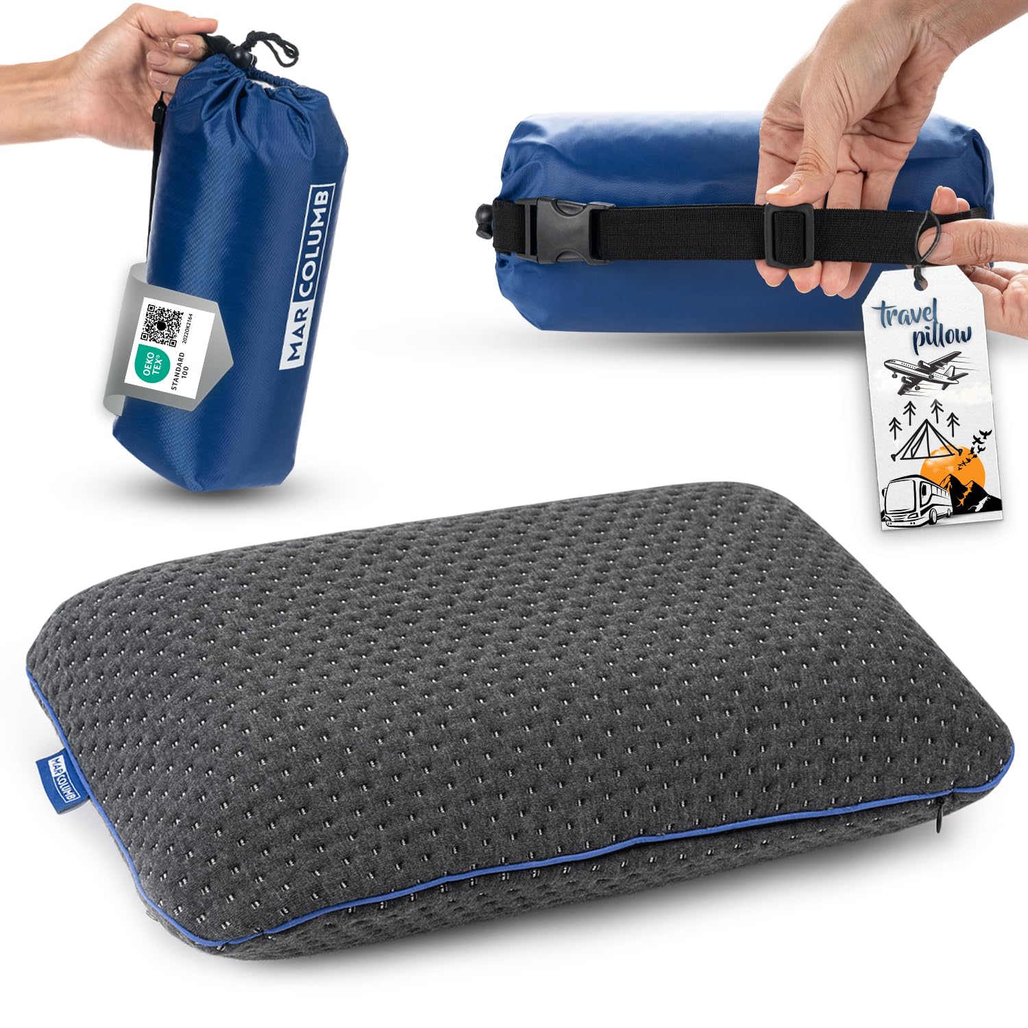 Marcolumb Travel & Camping Comfortable Memory Foam Pillow – Easy to Carry Portable Bag – Temperature Regulating Pillow Case - Perfect for Travelling (Grey US)