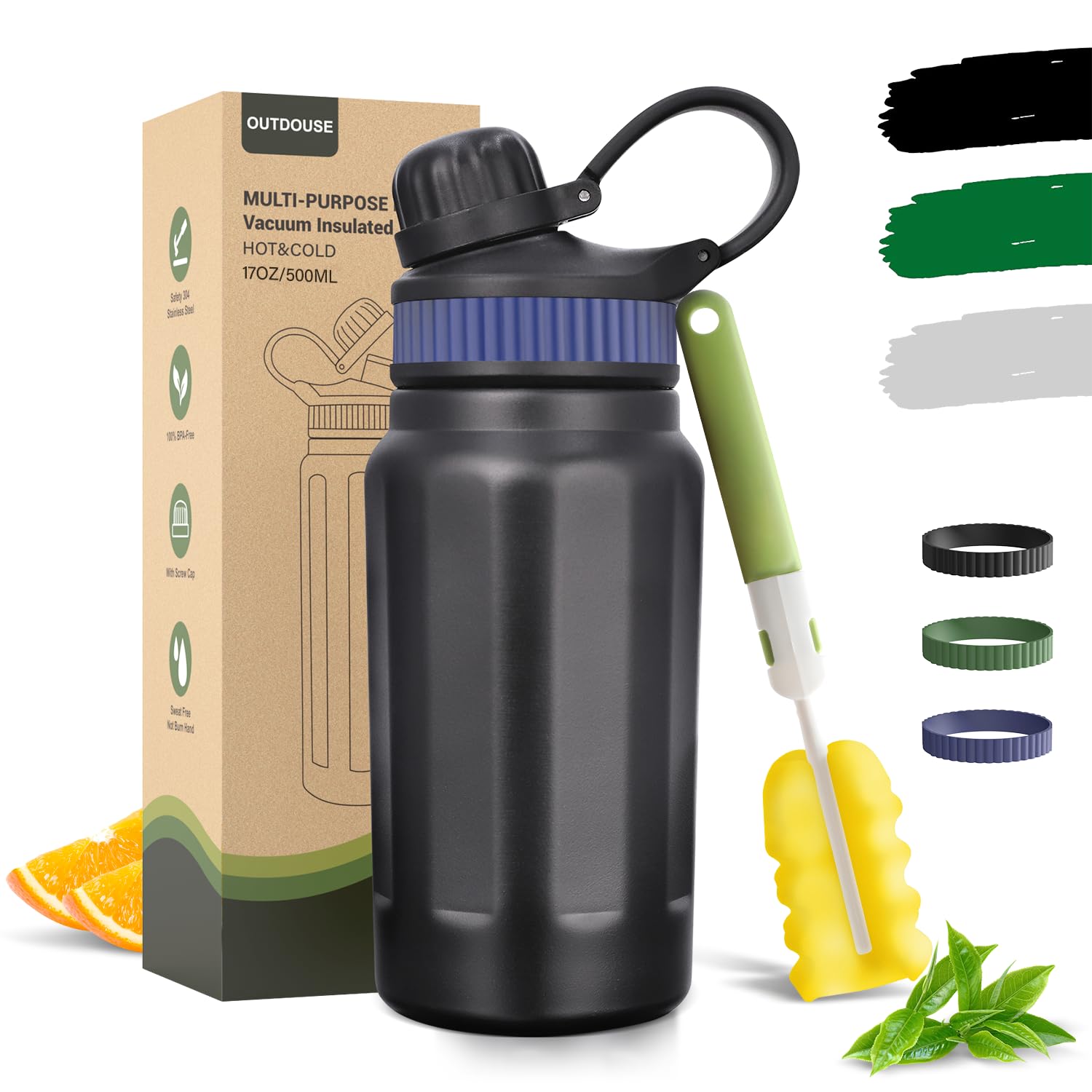 Stainless Steel Water Bottle, Insulated Water Bottles-500ML/800ML, Thermal Bottle Cold Drinks Water Bottle with Straw, 3 Silicone Straps, BPA-Free, Thermal Flask for Travel, Fitness, Sports(500ML)