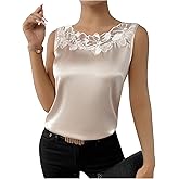 SweatyRocks Women's Satin Contrast Lace Crew Neck Sleeveless Blouse Appliques Summer Tank Tops