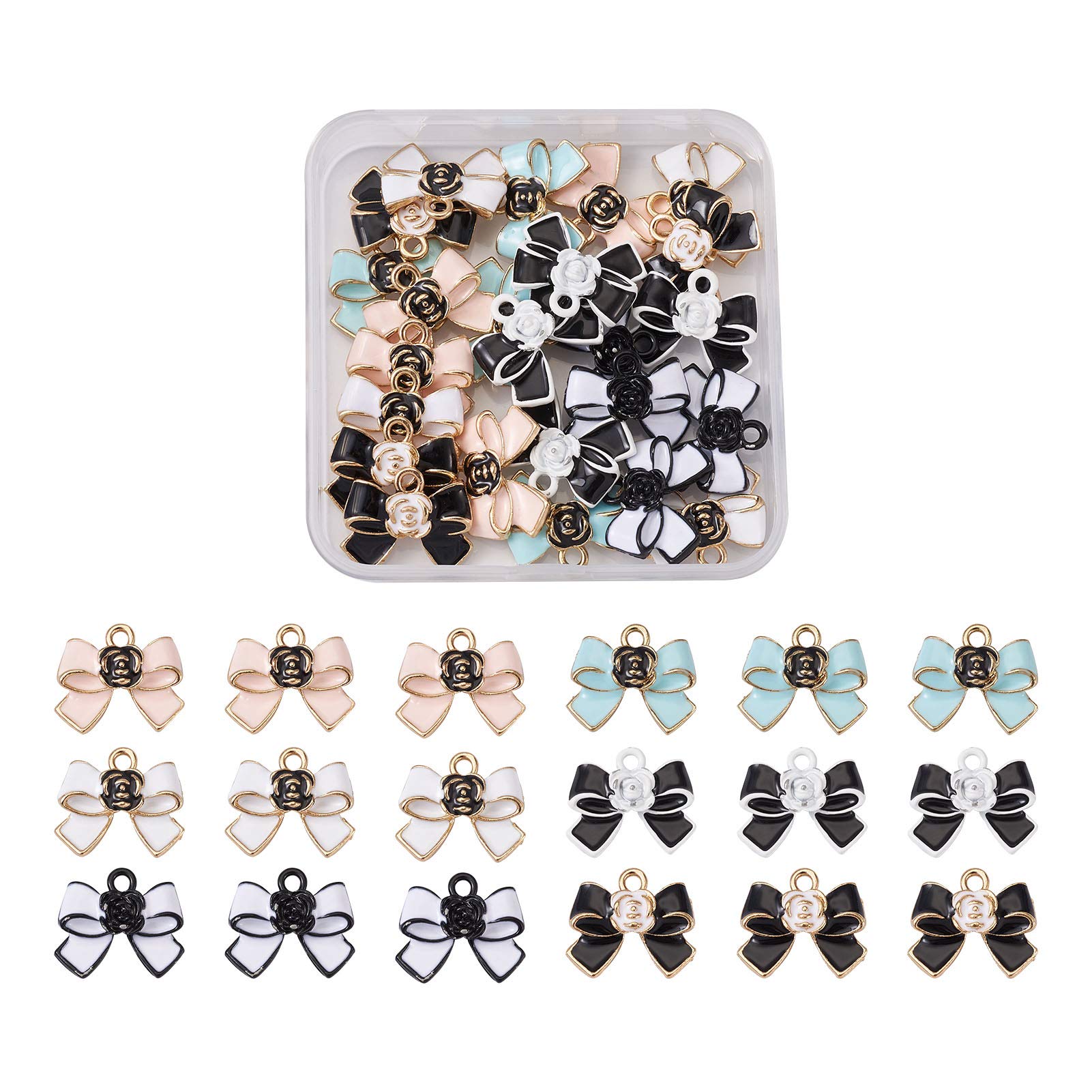 Cheriswelry 24pcs Enamel Bowknot Pendants Cute Bowknot Bowtie with Flower Charms Dangle Beads for DIY Jewellery Bracelet Crafts Making(6 Colors)
