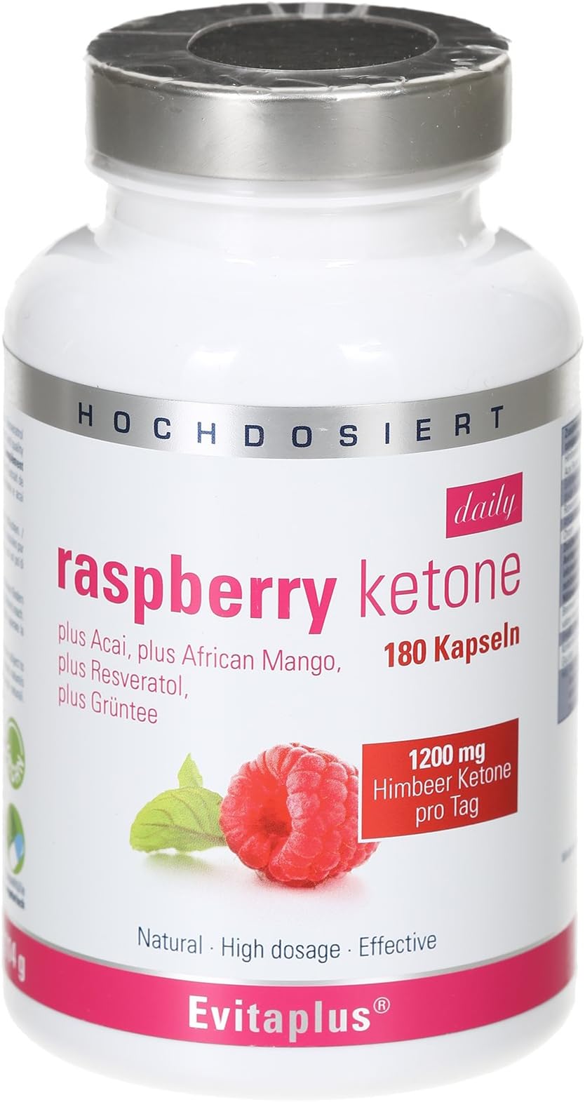 Raspberry Ketone Daily, 1.200 mg, 180 Kapsel, Plus Acai, African Mango, Resveratol, Green tee, Fatburner – high Dosage, Vegan