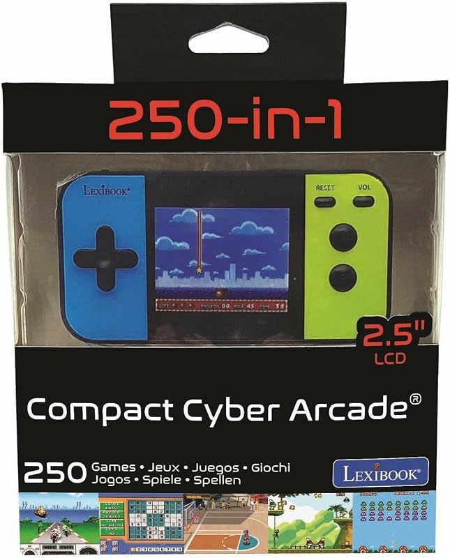 Compact Cyber Arcade Consola de Juegos portátil, 250 Juegos, LCD, con Pilas, Videojuego niño Adolescente, Negro / Azul / Verde, JL2377LXB