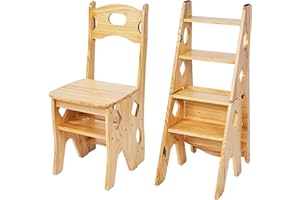 ybaymy 4 Step Foot Stool Chair 3 in 1 Wooden Library Ladder Solid Folding Portable Wood Display Stand Flower Rack Indoor Stepladder Shoe Bench for Home, Library, Kitchen, Office