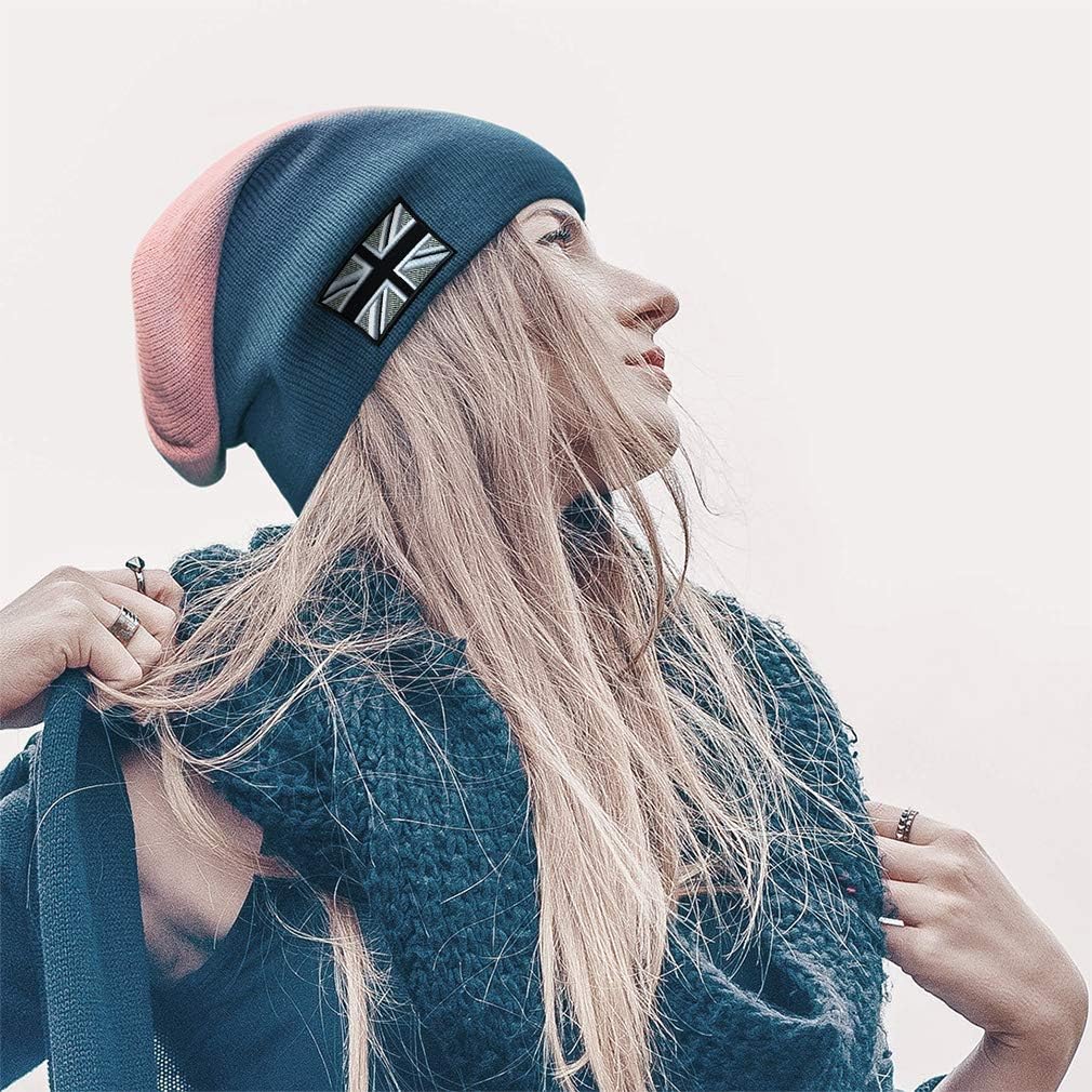 Custom Slouchy Beanie British Flag Black White Embroidery Acrylic Skull Cap Hats for Men & Women Dark Grey Design Only: Clothing