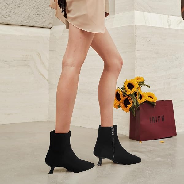 IDIFU BLACK ANKLE BOOTS FOR WOMEN LOW SHORT KITTEN HEEL BOOTIES DETACHABLE METAL STRAP ZIPPER CLOSED POINTED TOE FALL LADIES BOOTIES CUTE TRENDY STYLISH FASHION DRESSY BOOTS(BLACK SUEDE, 9.5)