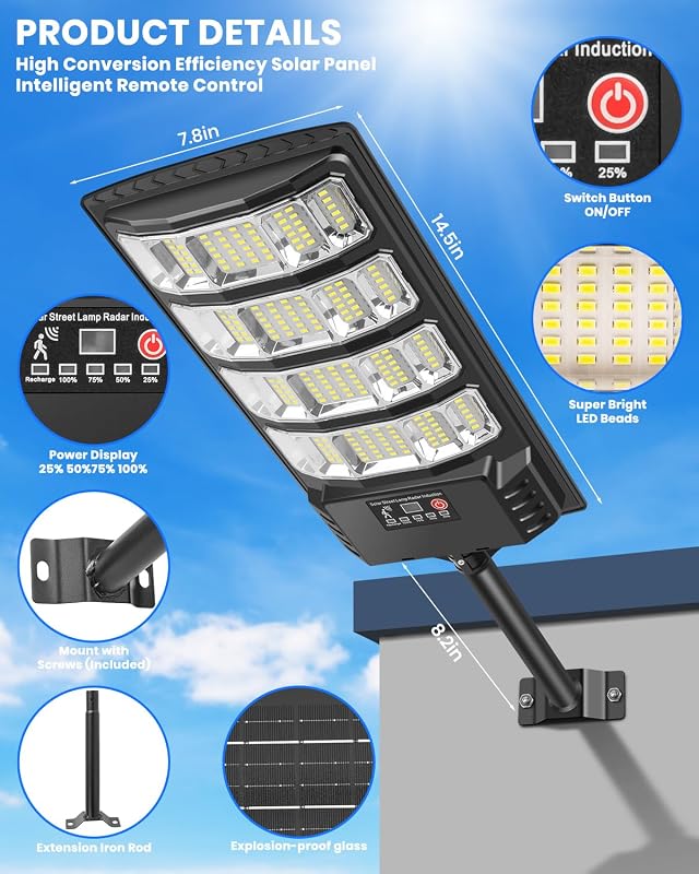 Lampione Solare per Esterno, 6500K Lampada Stradale Solare con Sensore di Movimento, Telecomando, Impermeabili 320° Illuminazione Faretto Solari con Pannello per Giardino, Strada (2 Pezzi)