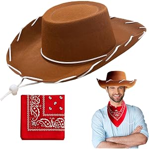 Cowboy Hat Set,Western Sheriff Costume Hats and Bandana for Men Women | Brown Wild West Wide Brim Cowgirl Hat for Halloween C