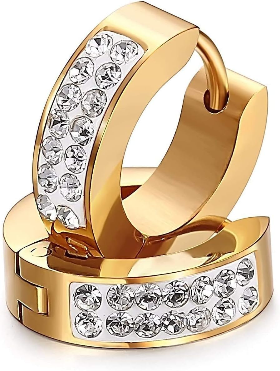 A Pair of Ladies Elegant Gold Men Stud Earrings, Punk Rock Style Hoop Earrings with Diamante Gold Silver Black (Gold)