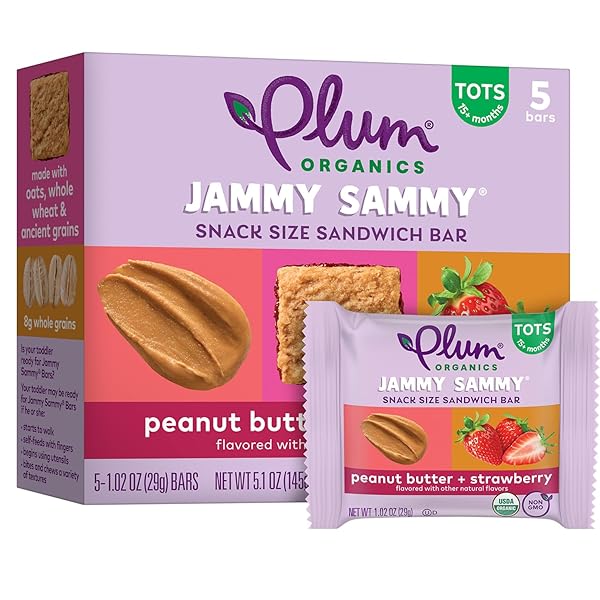 PLUM ORGANICS JAMMY SAMMY SNACK BARS – PEANUT BUTTER AND STRAWBERRY – 1.02 OZ BARS (PACK OF 5) – ORGANIC TODDLER FOOD SNACK BARS
