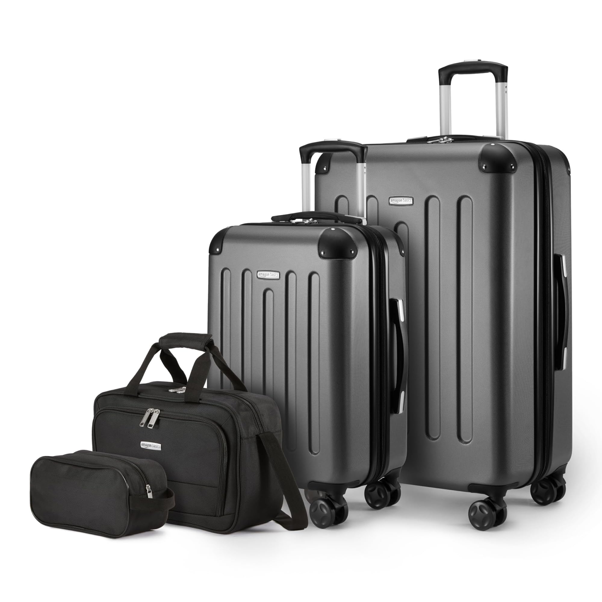 Amazon Basics 4-Piece Luggage Set, Including Two Hardside Suitcases With Multi-directional Spinner Wheels (22" Carry-On and 28" Checked), One 15-inch Tote Bag and One 10-inch Compact Travel Bag, Black Image