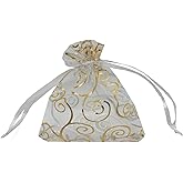 Ankirol 100pcs Sheer Organza Favor Bags For Wedding Baby Shower Rattan Print Gift Bags Samples Display Drawstring Pouches (3.5x4.5 inch, white)