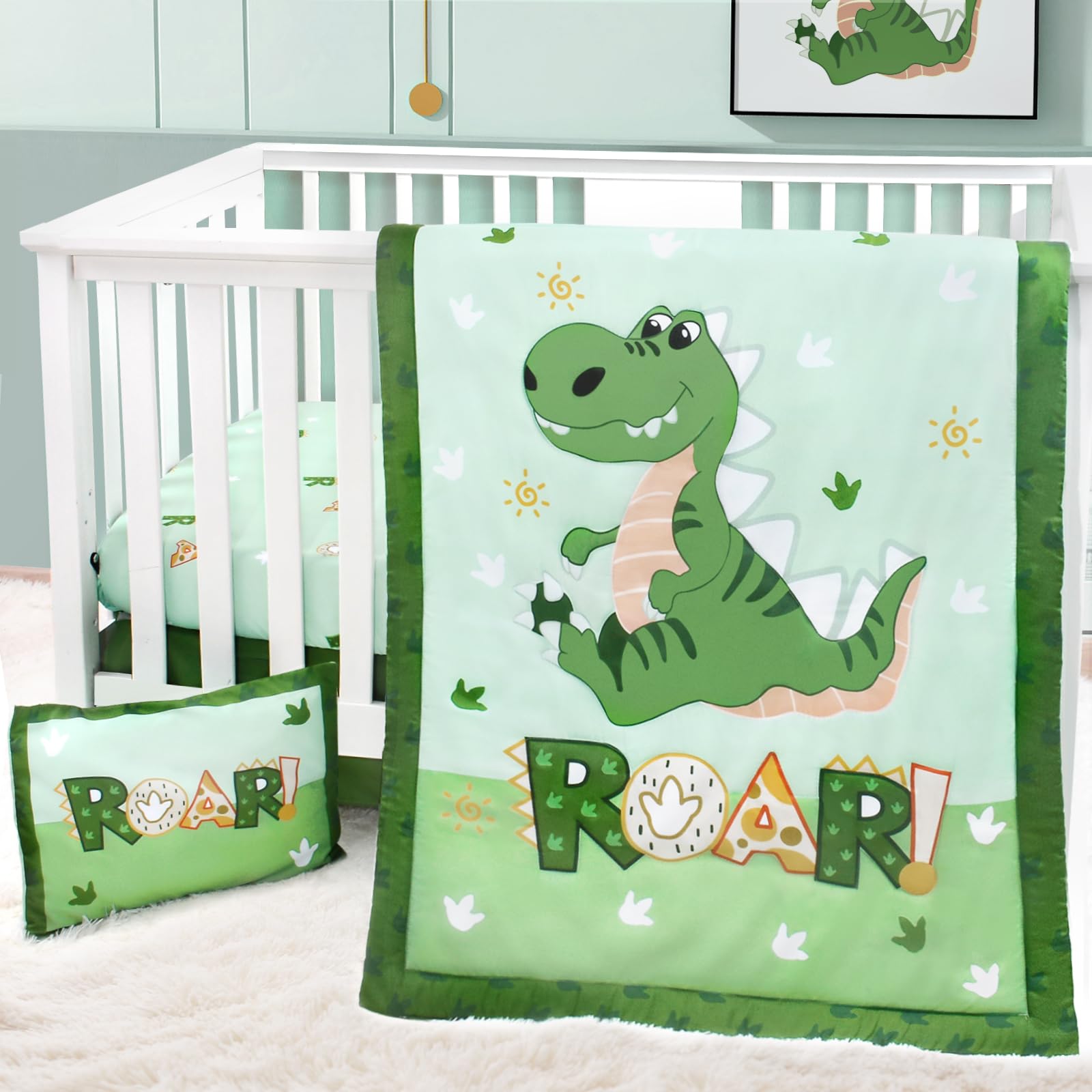 Photo 1 of Cloele Crib Bedding Set for Boys,4 Piece Dinosaur Baby Bedding Set,Standard Size Toddler Nursery Bedding Includes Comforter,Crib Skirt,Fitted Sheet&Pillowcase,Soft Dinosaur Blanket-Green