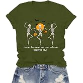LuxLass Halloween Shirts for Women Christian Halloween Tee Tops | Dry Bones Come Alive Ezekiel 37:5 T-Shirt Dancing Skeleton Pumpkin Bat Short Sleeve Crew Neck Casual Tee for Ladies