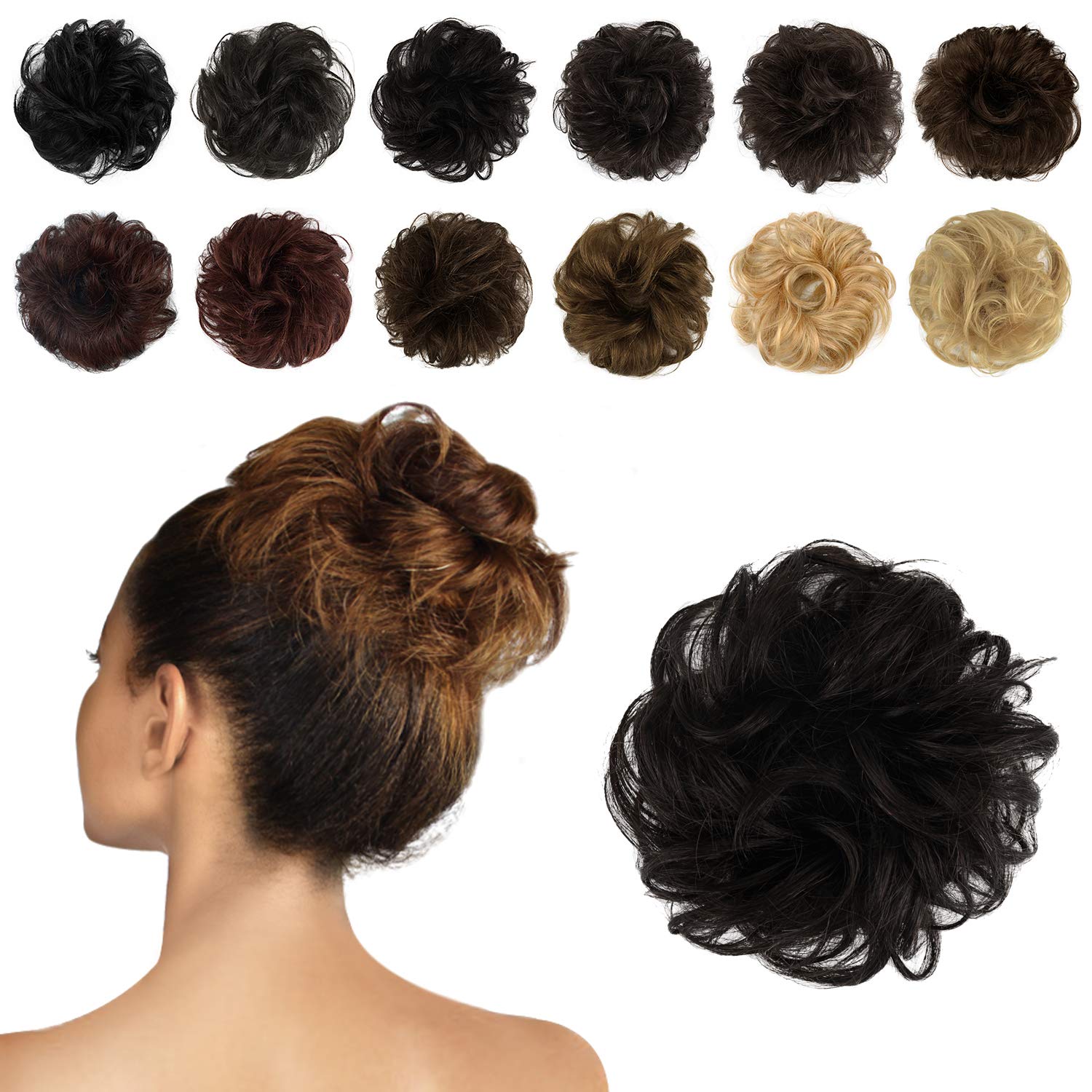 Feshfen 100 Human Hair Scrunchies 2 Dark Brown Curly Messy