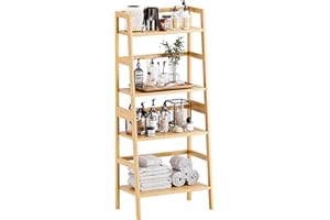 HITNET Ladder Shelf, 4-Tier Bookshelf, Bamboo Leaning Bookcase, Display Storage Rack Organizer, Freestanding Flower Plant Stand for Living Room, Home Office, Kitchen, Natural