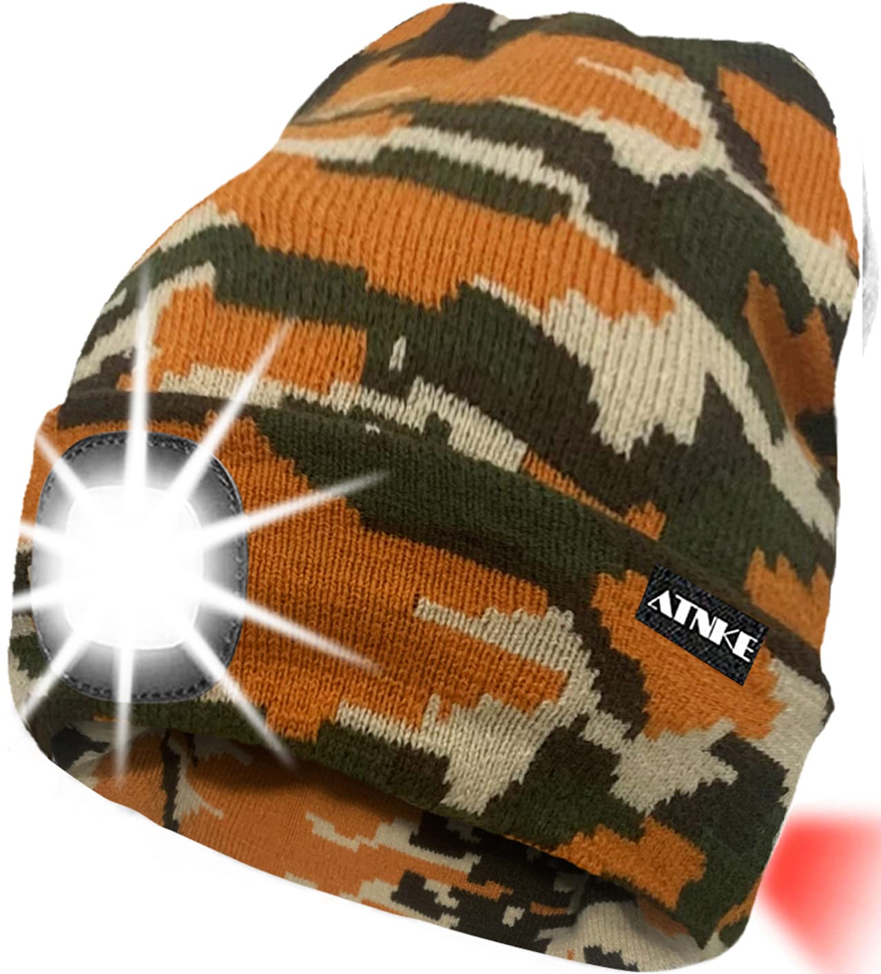 ATNKE 8LED Lighted Knit Hat,USB Rechargeable Running Headlamp Cap Ultra Bright Waterproof Light Lamp and Flashing Alarm Red Tail Light Multi-Color/Camouflage Yellow — image 1