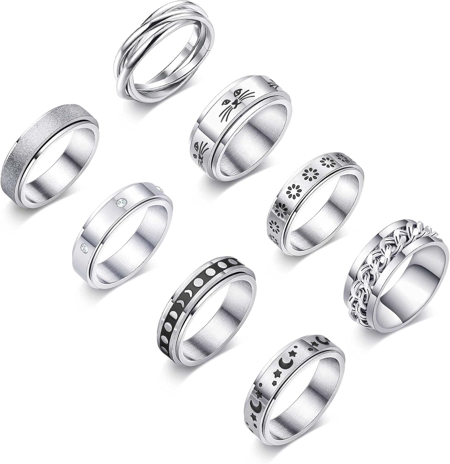 WFYOU 8Pcs Stainless Steel Fidget Rings for Women Men Anxiety Rings Moon Star Matching Rings Cuban Link Chain Ring Flower Cat Spinner Band Rings Set: Jewelry