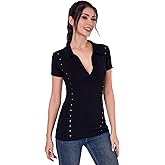 AmélieBoutik Women Collared V Neck Studded Short Sleeve Tops Casual Sport Polo Shirt