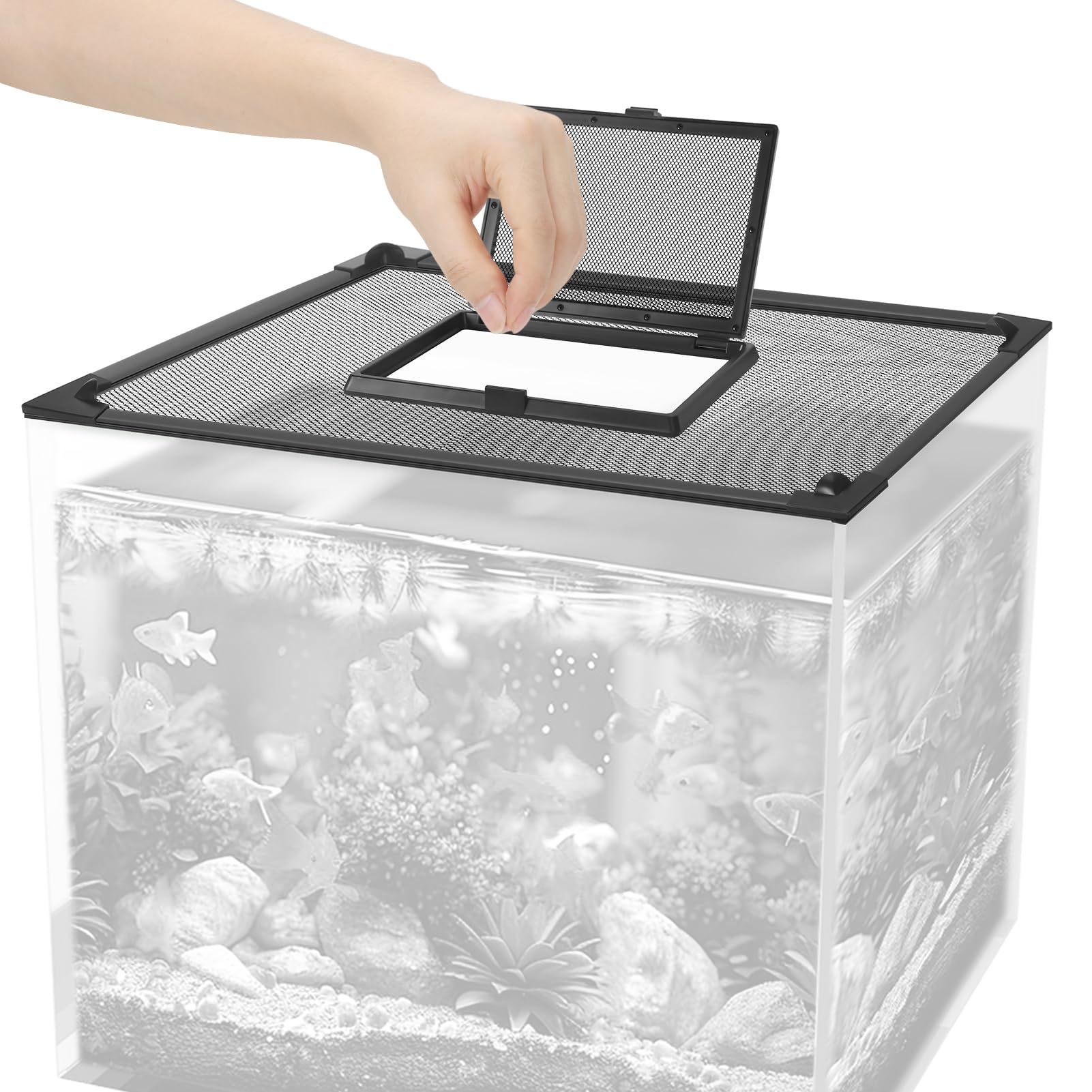 Photo 1 of Large Magnetic Fish Tank Lid Size 43"x27" Aquarium Net Cover with Feeding Window 5-40 Gallon DIY Aquarium Lid Anti-Jumping for Fish