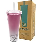 Bumbler 24oz Large Reusable Portable Eco-Friendly Tumbler | Drinking Cup with Wide Soft Tip Straw, Aesthetic Leak-Proof Lid – for Boba Tea, Smoothies, Iced Coffee, Hot or Cold Drinks – Blush Pink