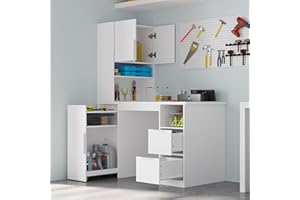 WOODTIME Sewing Craft Table with Rolling Cabinet & Pegboard, Large Storage Capacity Corner Sewing Cabinet Workstation with Drawers & Shelves for Home & Studio, White, 23.7" D x 47.3" W x 61.4" H