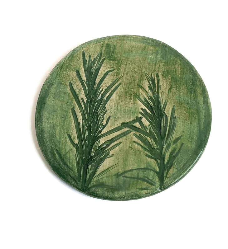 Round Ceramic Coaster, Engraved Rosemary Tile Coaster, Rustic Pottery