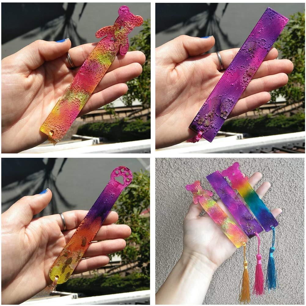 Jatidne 6pcs Resin Moulds Bookmark with Tassels Silicone Bookmark Moulds for Resin Crafting Rectangle, Cat Claw, Cute Bear, Mermaid Tail