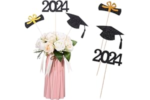 MIXTEACH 12 Pieces Glitter Graduation Centerpiece Sticks, 2024 Centerpiece Sticks, 2024 Picks Cake Topper Floral Picks for Class of 2024 High School College Graduation Party (Black)