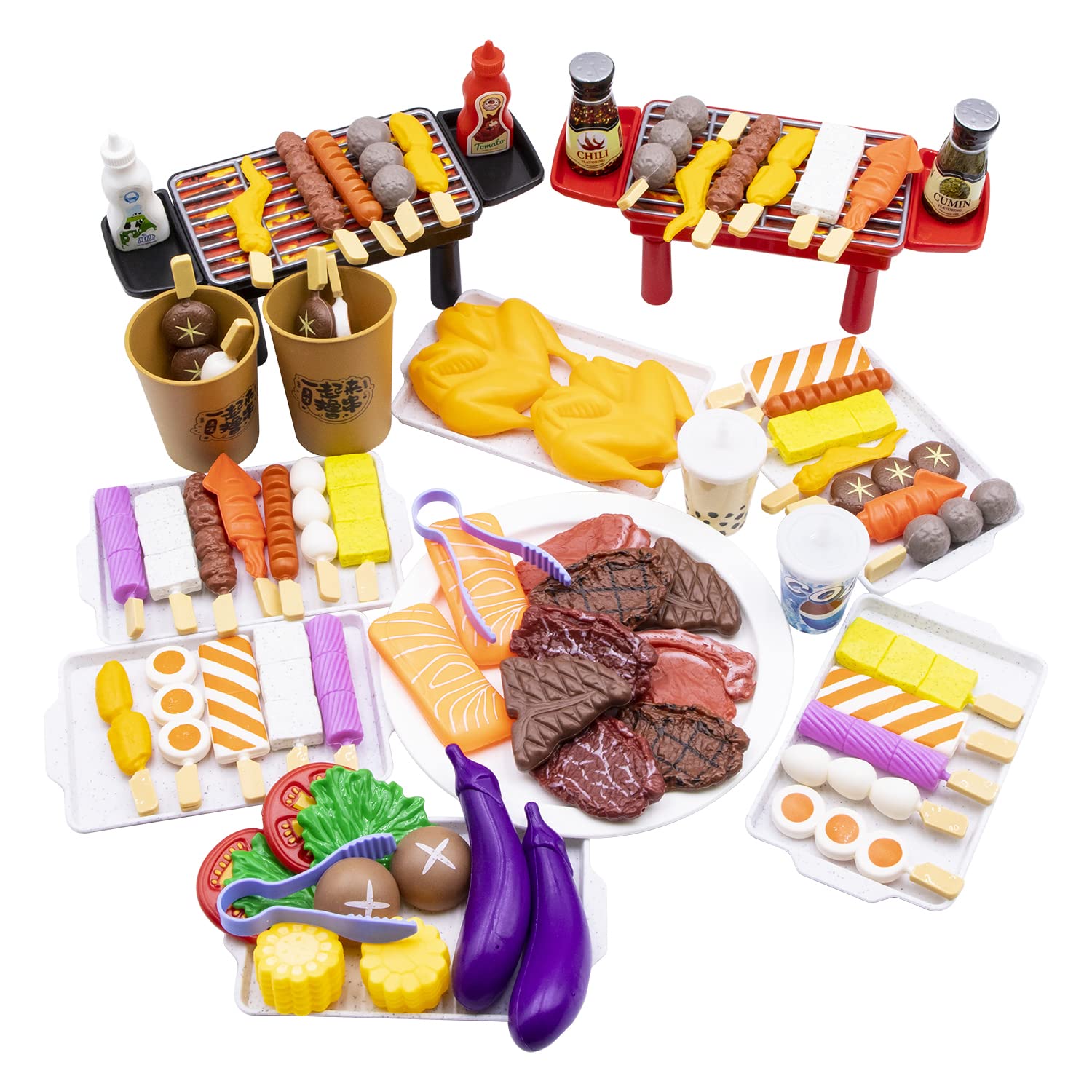 Zhongren 80pcs BBQ Pretend Play Food Set Barbeque Playset Toy Grill Kitchen Cooking Tools Role Toys for 3+ Kids Toddlers Boys Girls Xmas Birthday Gifts