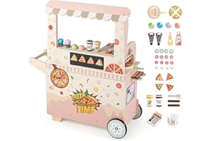 KOTEK Kids Food Truck Playset, 41PCS Wooden Pizza & Ice Cream Cart with Bake Oven & Cash Register, Pretend Grocery Store Mark