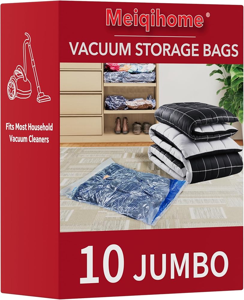 Vacuum Storage Bags 10 Jumbo, Space Saver Sealer Bags, Airtight Compression Bags for Clothes, Pillows, Comforters, Blankets,