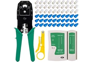 WEETOTUNG Professional RJ45 Crimp Tool Kit Complete Cat5 Cat5e Cat6 Ethernet Crimper Set with Cable Tester, 50 Connectors & Covers